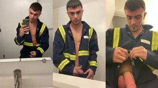 Powersubboy jerks off in work uniform while getting his big dick wet