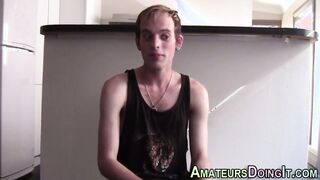 Watch this amateur guy stroke his cock and jerk off in the kitchen