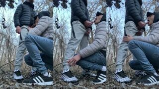 Amateur hunk gives first-time outdoor blowjob & takes it bareback in a sporty outfit