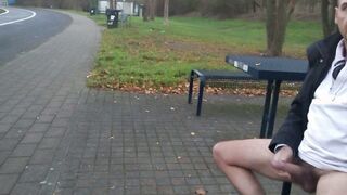 Watch this amateur German guy stroke and wank in public like a pro