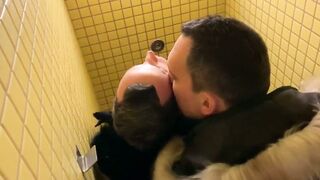 Watch this amateur hunk give a public blowjob in the restroom