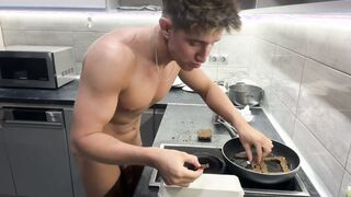 David greys gets naked and cooks an egg with his big black cock