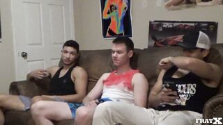 Tattooed college boys take turns deep inside each other's asses at wild party
