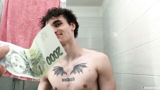 Youngster with tattoos and pants shows off his massive dong & makes a rich boy crazy with a hot POV handjob