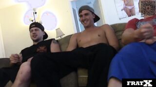 College frat boys take turns on a hot bareback cumshot on their ass