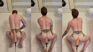 Watch Remi and Max's inked twats bounce as they take on a massive fake cock with their pummel machine