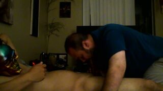 Watch this hot latino hunk give a hot handjob and jerk off to a hung guy on his next door neighbor's couch