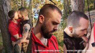 Hairy muscle bear with a big dick takes a wild ride with his tattooed mate after a wild forest walk