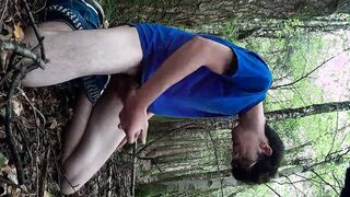 Watch this kinky guy get off with his big cock in the woods