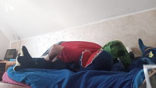 Shark Eryk destroys the large blue dinosaur with his toy and gives a hot handjob