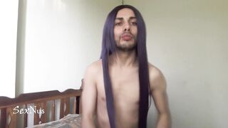 Ts goes to work with his hair shaved while teasing himself to ecstasy