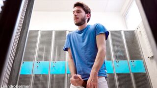 Hot amateur twink flashes and gives handjob to a big cock locker room guy