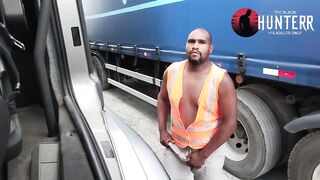 Homo trucker gets naughty with his car and handjob in public yard