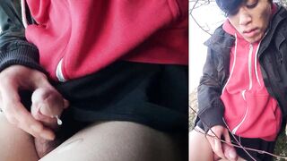 Amateur Japanese teen tries to jerk off outside, but fails and gets a cumshot in his mouth