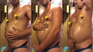 Watch a hot solo guy get off by jacking off to his belly play while masturbating in HD