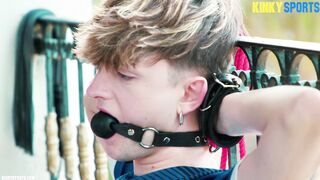 Submissive young boy dominated by his enormous member in sportswear balcony