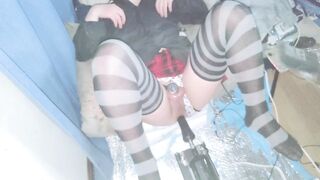 Get ready for a wild ride as you watch a sissy crossdresser orgasm while getting fucked with a cumshot machine