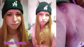 Bonnie Phoenix, the cute femboy, pleasures himself with a dildo while jerking off to a long-haired guy's cock