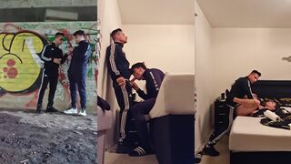 Matteo Martini fucks his scally-Q while getting a public bareback cumshot