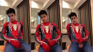 Homemade amateur duo Spiderman Jizzes twice in homemade solo video