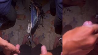 Young boy joins his buddy for a late-night garage handjob and loads of cum