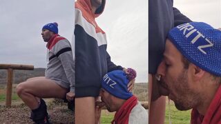 Hot stud gives a dandy blowjob & takes a massive facial in the great outdoors