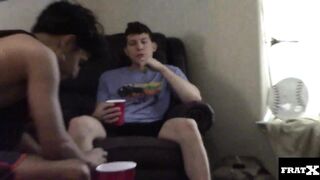 Amateur slut gets his ass spattered with cum while getting gangbanged