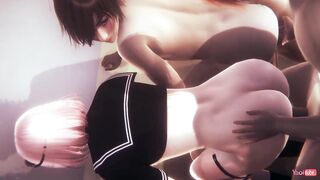 Hot cosplay dude deepthroats two guys at once, then they destroy his in a frigging threesome