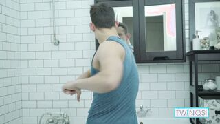 Luke Caresses Salami's shaved body in the shower after a hot bath & makes his cum hard